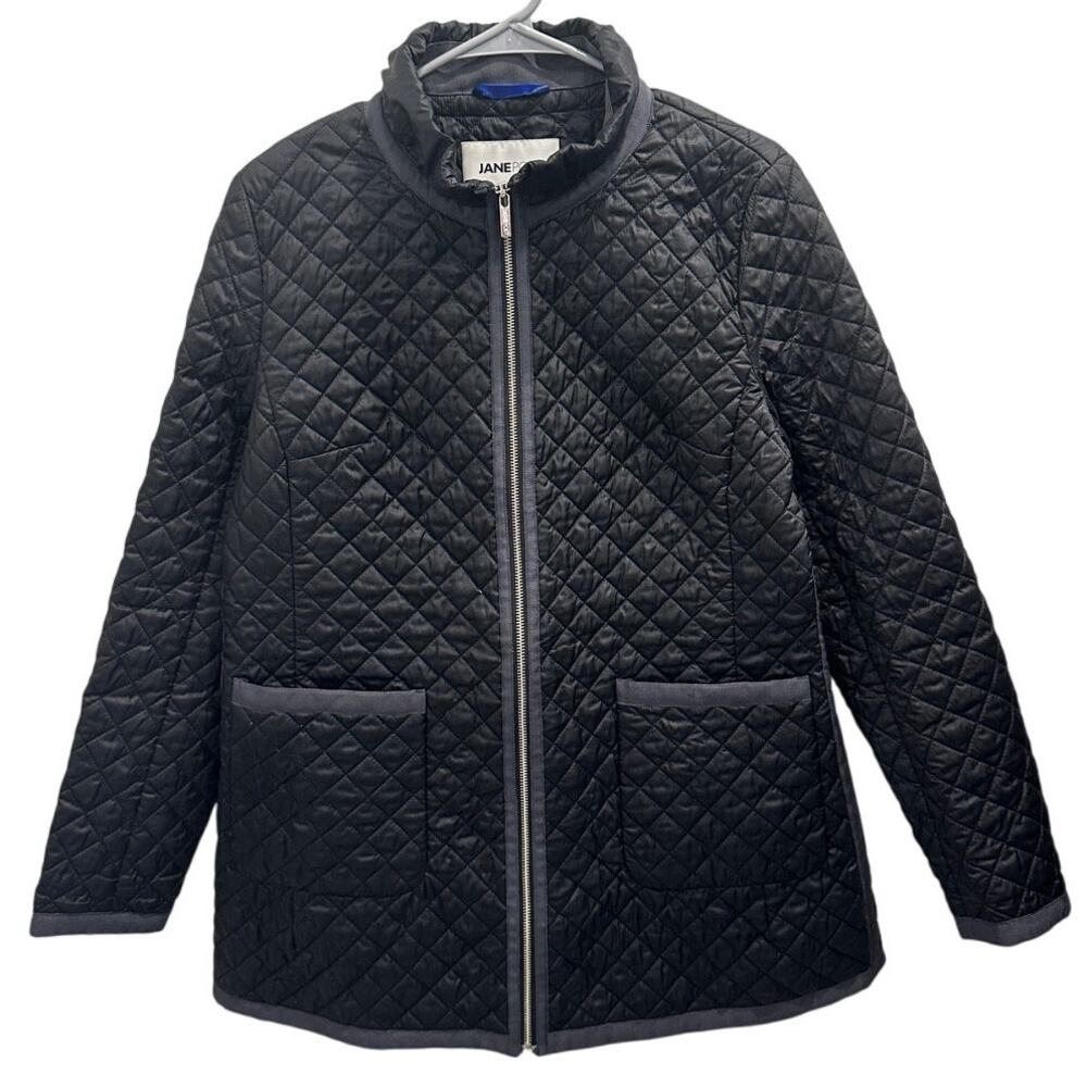 Jane Post Black Satin Quilted Jacket Lightweight Diamond Stitch Zip Front Medium
